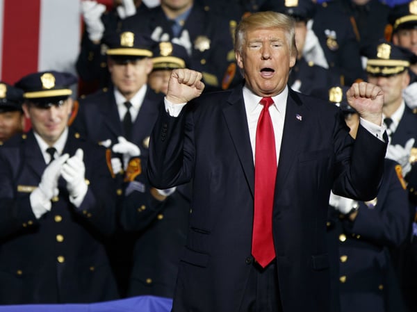 President Donald Trump speaks to law enforcement officials on the street gang MS-13, July 28 in Brentwood, N.Y.


